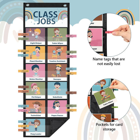 Pasimy 89 Pcs Class Jobs Pocket Chart, Boho Class Helpers Educational Management Chart for School