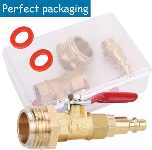 RV Winterize Blowout Adapter Kit with 1/4" Male Quick Connect Plug, 3/4" Male GHT Thread, Ball Valve & 2 Washers