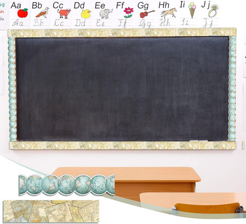 Travel The Map Globes Bulletin Board Straight Border, Adventure Awaits Sign for Classroom and Wall Decor