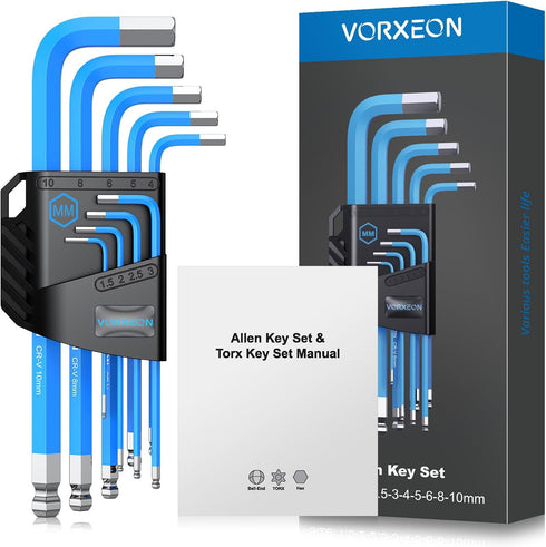 Allen Wrench Hex Key Set, 9PCS Metric Long Ball End L-key Set 1.5mm-10mm with Visible Coding for DIY and Repair