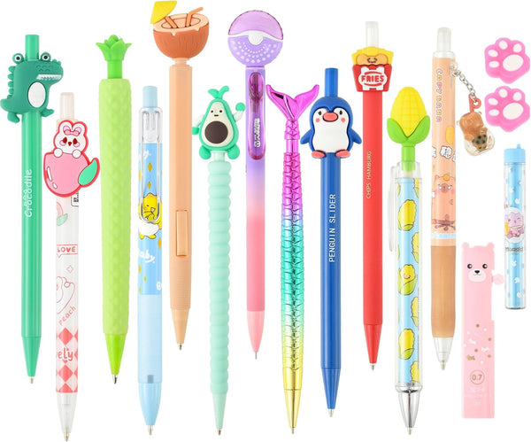 Cute Kawaii Mechanical Pencils Set - 12PCS with Lead Refills & Erasers, 0.5mm & 0.7mm for Kids Girls