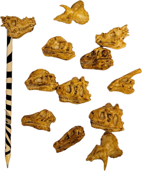 Dinosaur Heads Fossil Pencil Tops - 36 Pack, 2" Ancient Aged Look Rubber Dino Toppers for Kids
