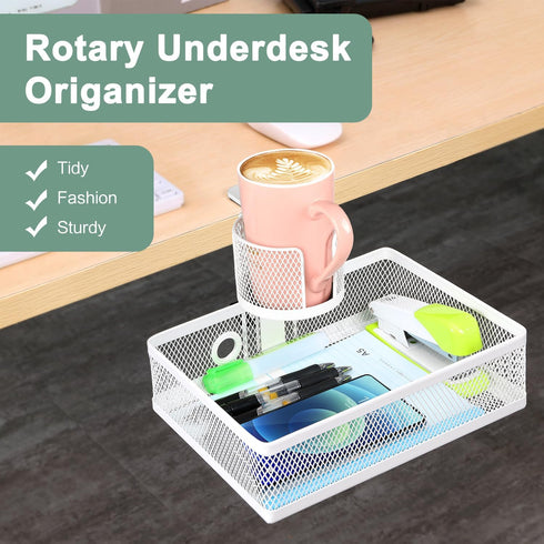 ROSYLINE 360° Rotation Under Desk Drawer, Rotary Storage Organizer with Cup Holder, Clamp Drawer Basket, White