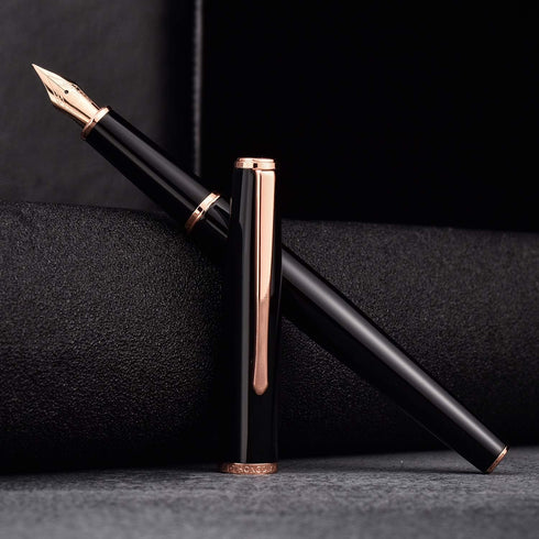 HongDian 920 Black Metal Fountain Pen with Rose Gold Plated Fine Nib, Classic Writing Pen with Ink Converter