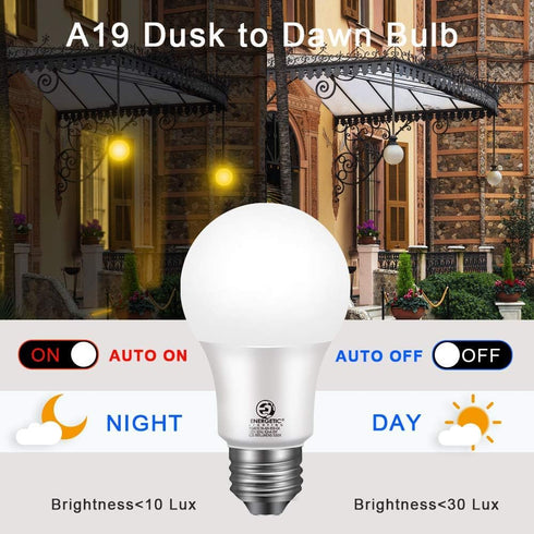 Energetic 4-Pack Dusk to Dawn LED Outdoor Light Bulb, 60 Watt Equivalent (6W), 800LM, Warm White 3000K, E26 Base