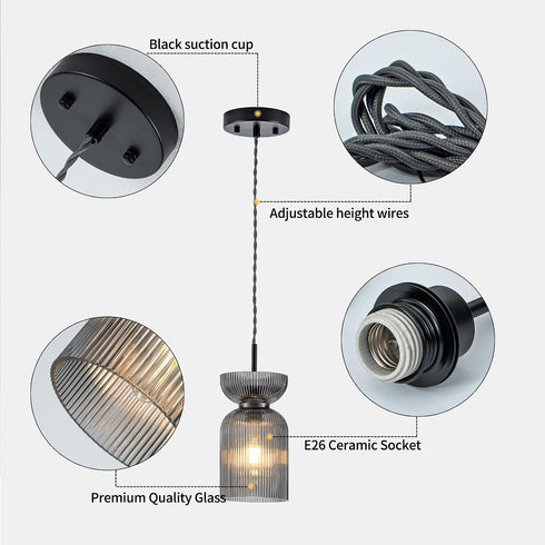 Gmrhndy E26 Glass Pendant Light, Ribbed Smoke Gray Glass Hanging Light with Adjustable Cord, Modern Pendant Light