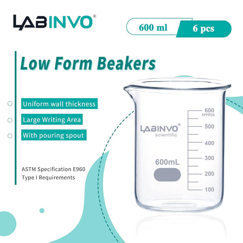 Low Form Graduated Glass Beaker, 6pcs of Vol.600ml, 3.3 Borosilicate Glass Beaker Set, IN-BKL600