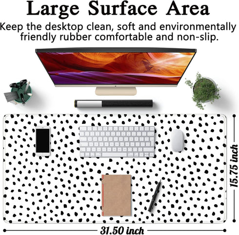 Boho Desk Mat, XXL Polka Dot Mouse Pad for Women Office Decor, Non-Slip Rubber Base, 31.5''X15.7'' with Stitched Edges