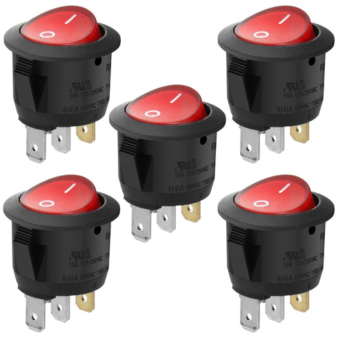 Round Rocker Switch ON-Off SPST, 3 Terminals Red Light, 10A 250VAC, 5 Pack.