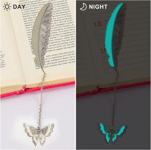 Feather Metal Bookmark with 3D Butterfly Pendant, Unique Glow in The Dark Bookmark Gift for Women