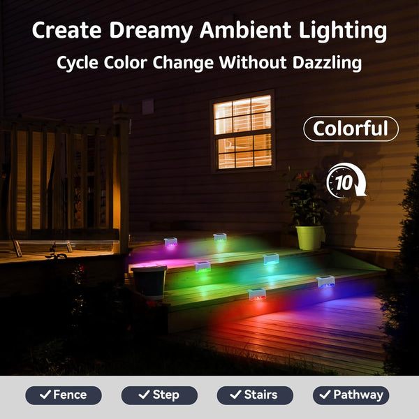 4 Pack Color Change Solar Step Lights Outdoor Small Waterproof RGB LED Stair Lamp Outside Decorative Lighting for Deck