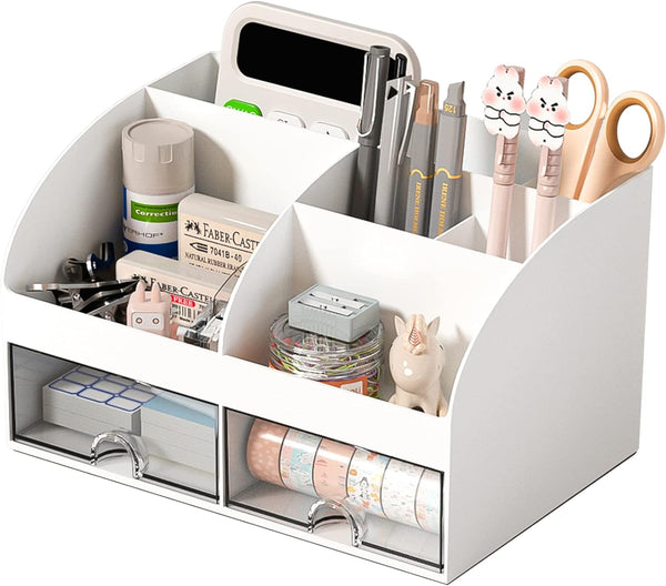 Desk Organizer with 6 Compartments and 2 Drawers, Plastic Makeup Organizer, Pen Holder for School, Home, Office