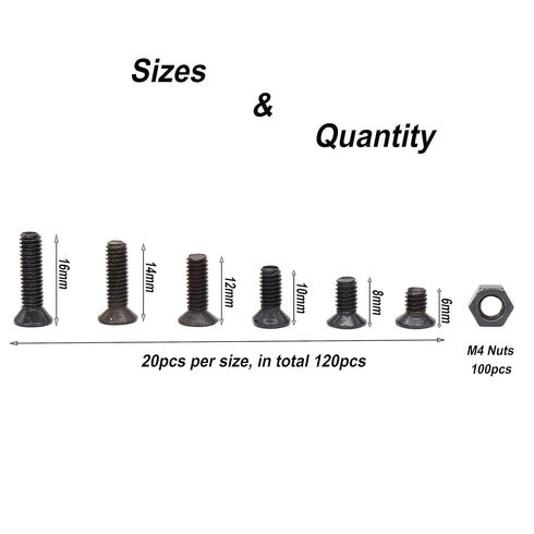 BinifiMux 220pcs M4 Flat Head Screws and Hex Nuts - Phillips Countersunk Machine Screws Assortment for DIY