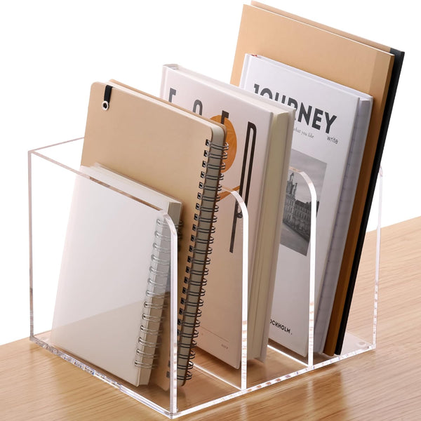 SANRUI Clear Acrylic Magazine File Holder with 3 Vertical Compartments for Office Desk Accessories