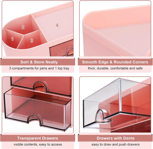 Desk Organizer with Drawer, Small Pink Pen Organizer, 2 Drawers + 4 Compartments for Office Home Storage