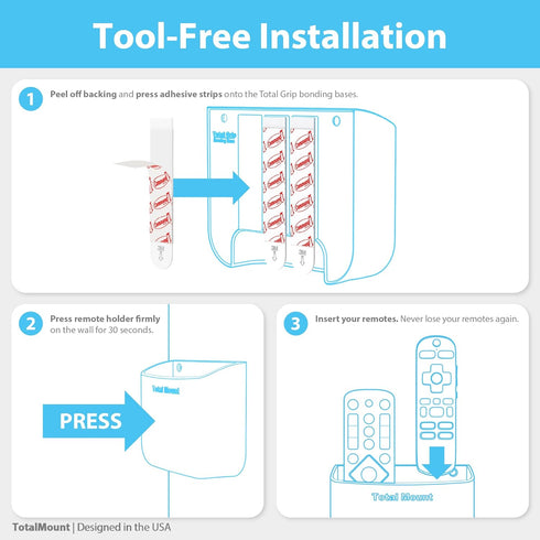 TotalMount 2 3 1) Hole-Free Remote Holder Eliminates Need to Drill Holes in Your Wall (for or Remote Controls Black