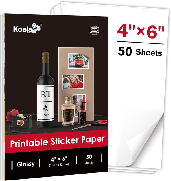 Koala 4x6 Inch Glossy Sticker Paper for Inkjet and Laser Printer, 50