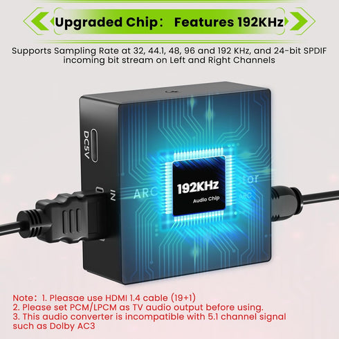 Tihokile 192KHz Toslink/Optical+3.5mm 3.5mm Speaker/Soundbar/Headset ARC Audio Extractor, HDMI ARC to AUX Output, HDMI