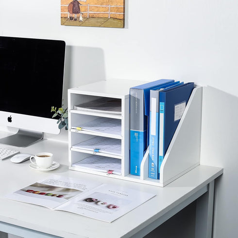 PAG Wood Desktop File Holder Organizer, Mail Sorter for File Folders, Mails, Envelopes, White