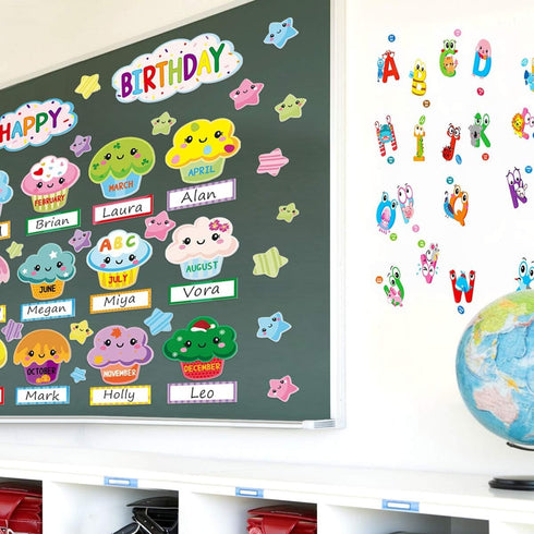 Fancy Land Happy Birthday Bulletin Board Set, Sweet Bright Color Cupcake Classroom Decoration 78 Pieces