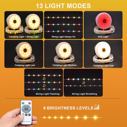 33FT 13 3000mAh Solar Camping String Lights, Retractable Waterproof LED Camp Light with Light Modes, Rechargeable
