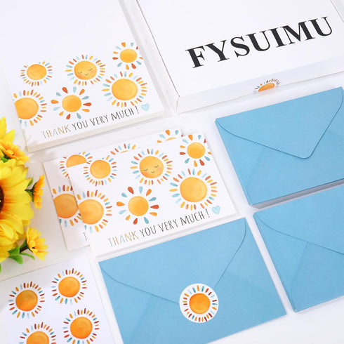 50 4 6 Inch FYSUIMU Pcs Boho Sun Thank You Cards Greeting Cards with Envelopes Stickers Blue Orange Sunshine Blank Note