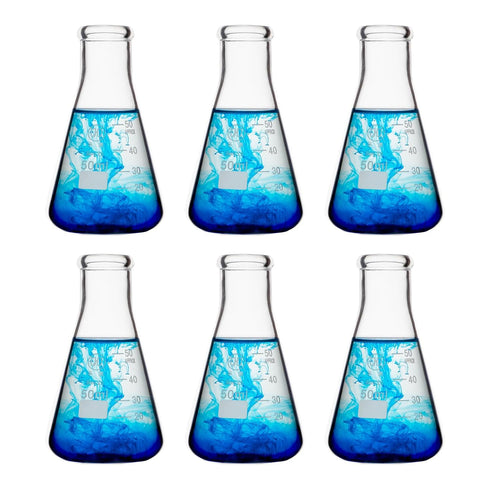 HUAOU 50ml Glass Erlenmeyer Flask Set, Narrow Mouth Graduated, 3.3 Borosilicate Glass, Pack of 6