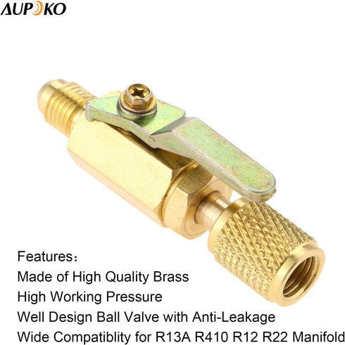 Air Conditioner Ball Valve 1/4" SAE Adapter, Straight Shut-Off Valve for HVAC A/C Automotive Service Tools, Fits R134A