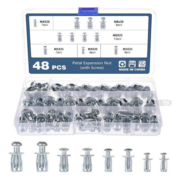 OCR 48PCS Jack Nuts Petal Nuts,M4,M5,M6,M8 Expansion Screw Petal Nut,Thins Fixings Dowels with