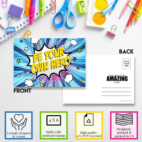 Super Student Superhero Themed Blank Postcards for Students from Teachers, 30 Total 4"x6" Fill In Notecards (5 of each