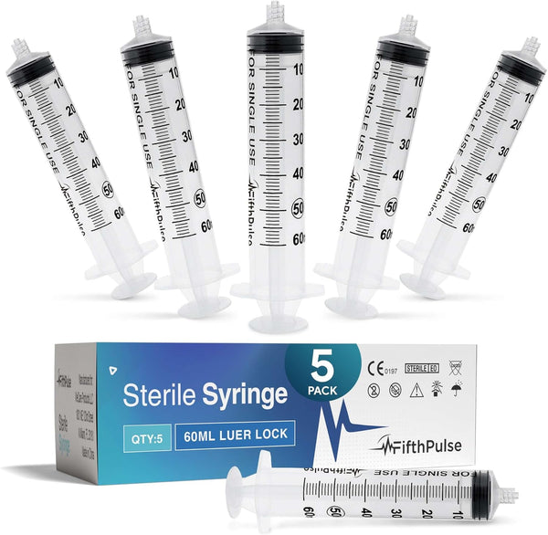 60 ml Syringe without Needle, 5 Pack of Individually Wrapped Disposable Syringes for Medical, Scientific Lab, Home Use,