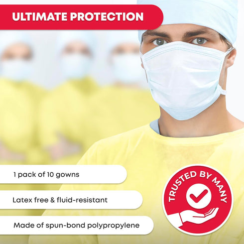 Ever Ready First Aid Isolation Gown, Fluid Resistant, Yellow, Pack of 10 with Elastic Wrists