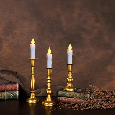 CVHOMEDECO. Flickering Taper Candles LED Drip Flameless Candles, Battery Operated with Timer, White, 4-3/4 Inch, Set of 3 by CVHOMEDECO.