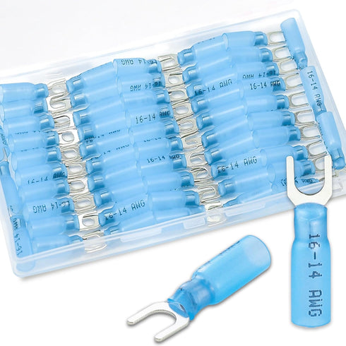 100PCS #10 Fork Connectors, 16-14 Gauge Tinned Copper Fork Terminals Waterproof Heat Shrink