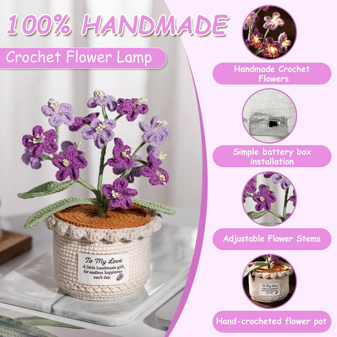 Cozy Forget Me Not Flower Lamp - Purple Crochet Artificial Flowers with Night Light, Cordless Table Lamp, Home Decor