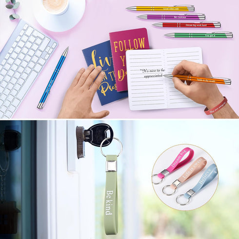 PerKoop 64 Pcs Inspirational Gifts, Motivational Notebooks, Ballpoint Pens, Positive Wristbands for Teachers