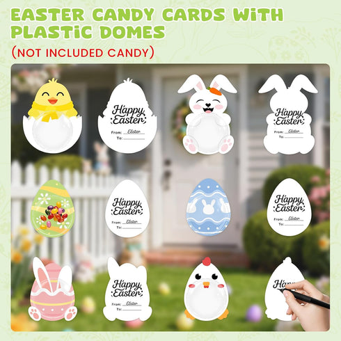 KCMOSGI 24 Pcs Easter Candy Cards with Clear Box, DIY Bunnies Eggs Chick Candy Cards, Easter Gifts for Classroom School