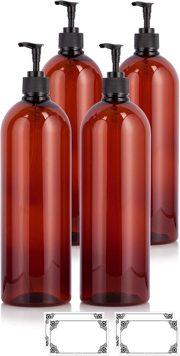 32 oz Amber Large Boston Round PET Plastic Bottles with Black Lotion Pump - 4 Pack + Labels