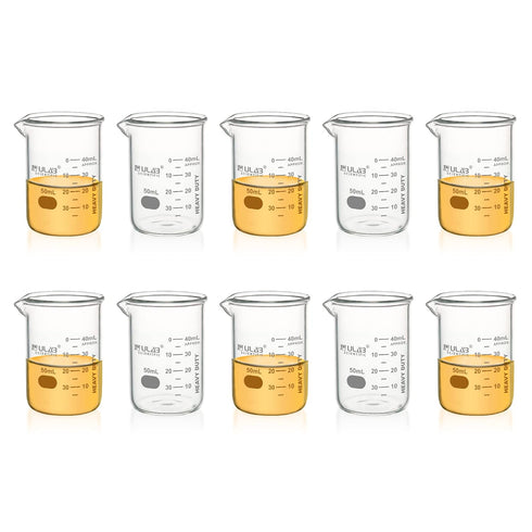 ULAB Heavy Duty Glass Beakers, 10pcs of 50ml (1.7oz), Borosilicate 3.3 Glass, Thick Wall with Double Scale