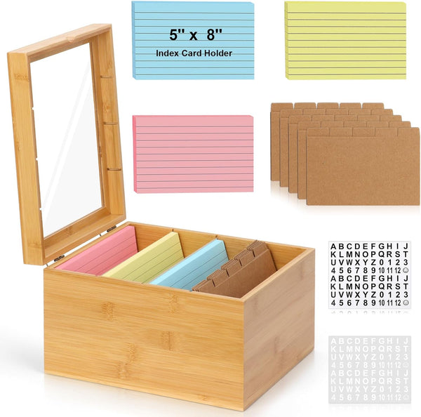 DLUGOPIS 5x8 Index Card Holder with Dividers Bamboo Index Card Storage Box 4