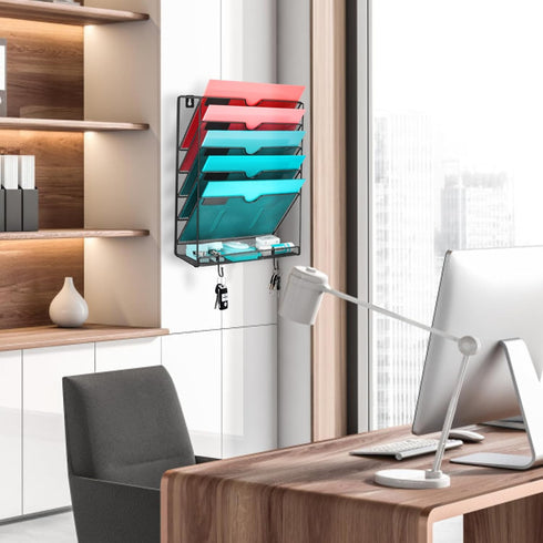 Wall File Organizer, 6 Pockets Mesh Hanging File Holder with Hooks for Office Supplies GALASALA