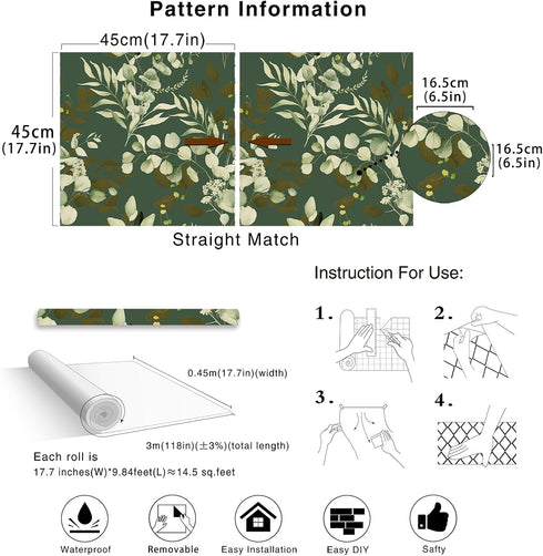 HAOKHOME 93042-4 Peel and Stick Wallpaper 17.7in x 9.8ft Boho Sage Green Eucalyptus