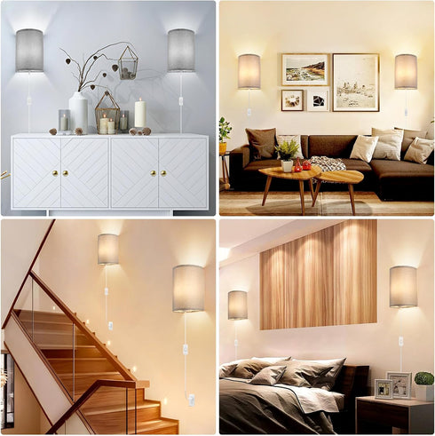 Set 2, 3-Color (3000K/4000K/6000K), Wall Sconces of Plug in Wall Sconces with On/Off Switch, Selectable Fabric Linen