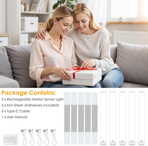 15.7 inch 3 Dimmable Closet Counter 5-Pack Motion Sensor Under Cabinet Light, Color Temperature Rechargeable Magnetic