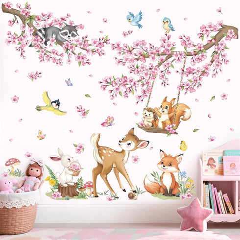 decalmile Woodland Animals Pink Flower Wall Stickers Cherry Blossom Branch Deer Fox