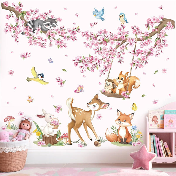 decalmile Woodland Animals Pink Flower Wall Stickers Cherry Blossom Branch Deer Fox