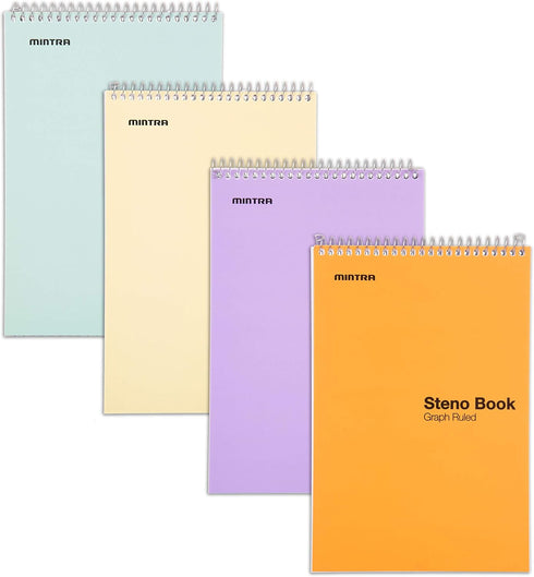 Mintra Office Steno Book, Pastel Colors, 4 Pads/Pack, Graph Ruled, 6inx9in, 70 Sheets, Notebook for Writing Notes