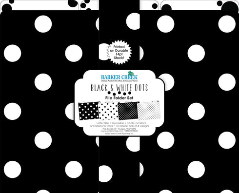 Set of 12 Barker Creek Black & White Dot File Folders, Letter Size, 14pt Stock, 1/3 Cut Tabs for Home, School, Office