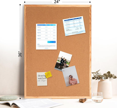 WALGLASS Cork Board 36" x 24" Wooden Frame Bulletin Board, Pin Cork Board for Home Office Decoration, 10 Pins