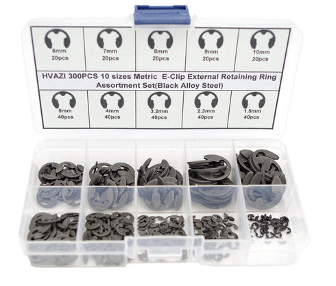 300PCS E-Clip External Retaining Ring Assortment Set in Black Alloy Steel